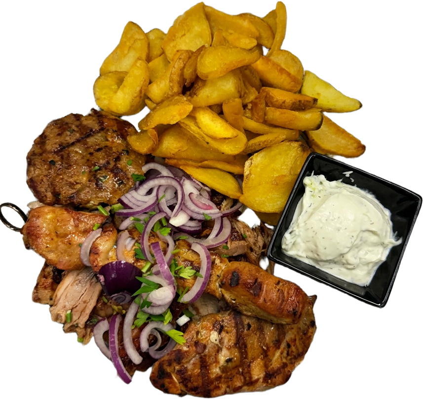 Grillteller Syrtaki – Bifteki, Souvlaki und Steak mit Pommes und Tzatziki
