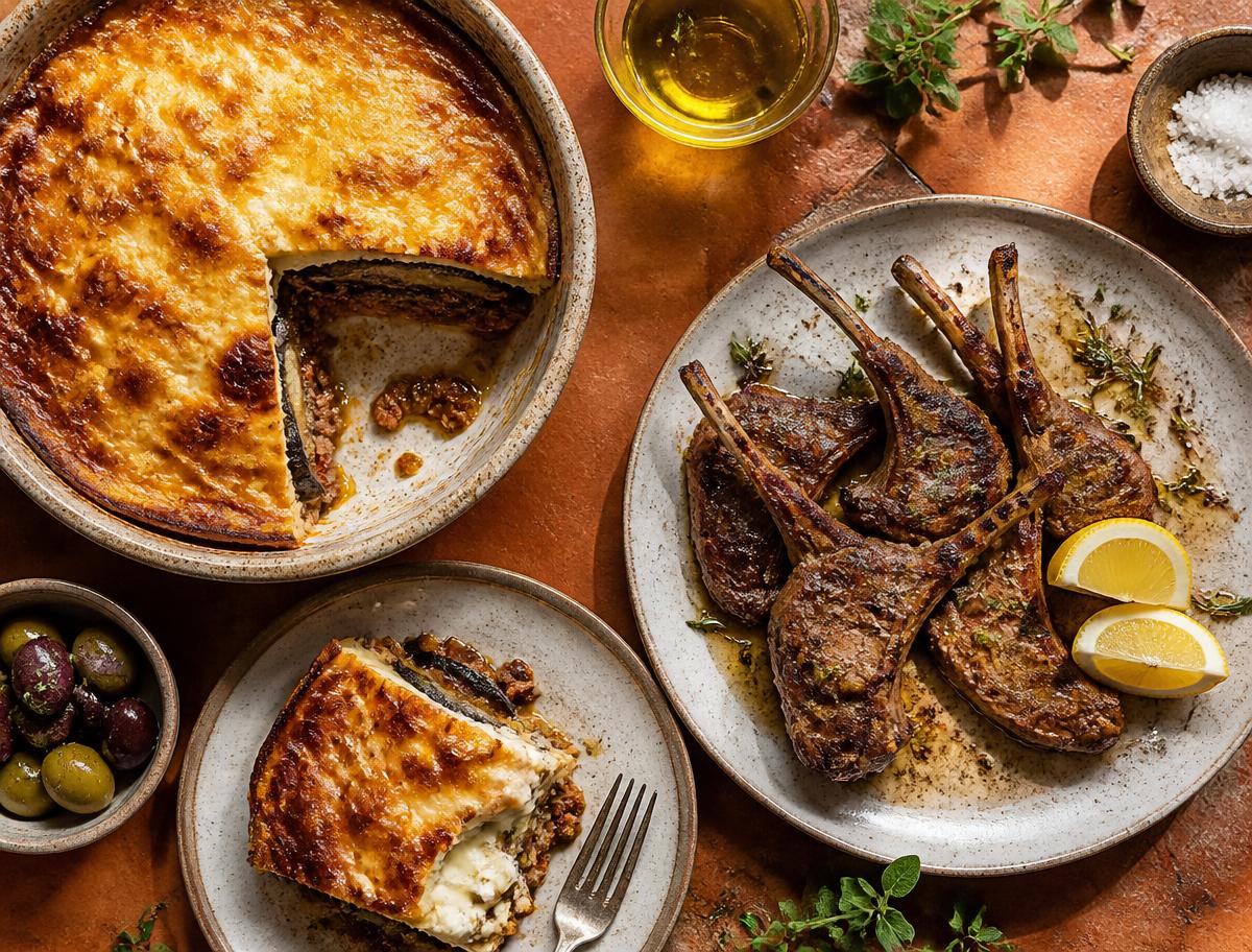 Moussaka und gegrillte Lammkoteletts auf Keramiktellern